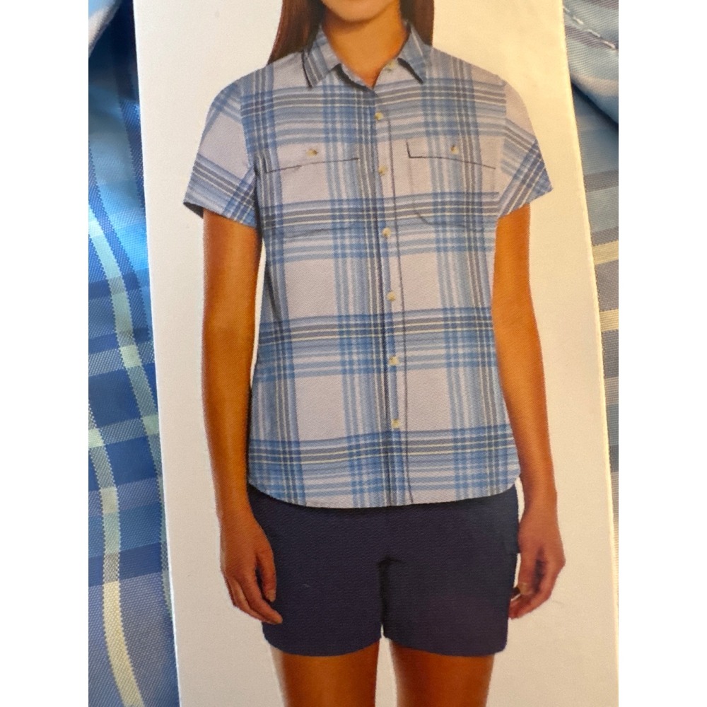 Eddie Bauer Womens Short Sleeve Adventure Shirt Blue Plaid UPF 50 EB004068 Med